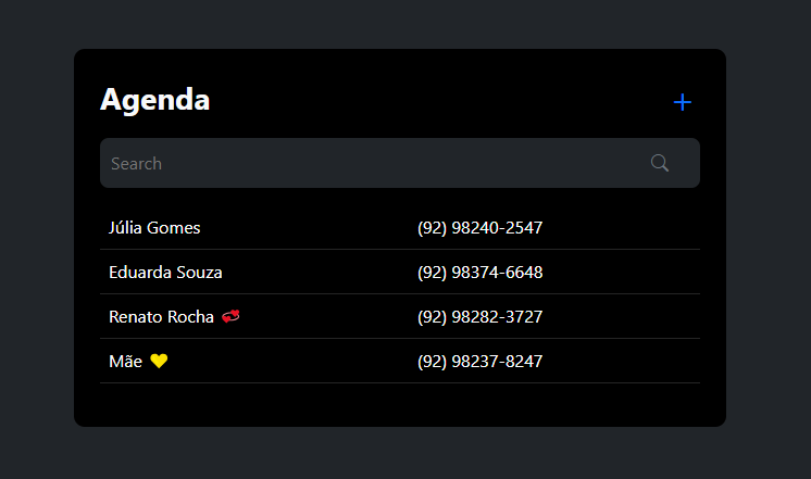 Agenda telefônica com lista de contatos e campo de busca